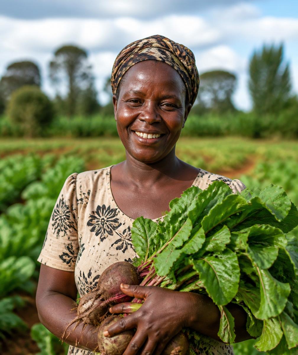 A smiling farmer holding a fresh harvest of vegetables