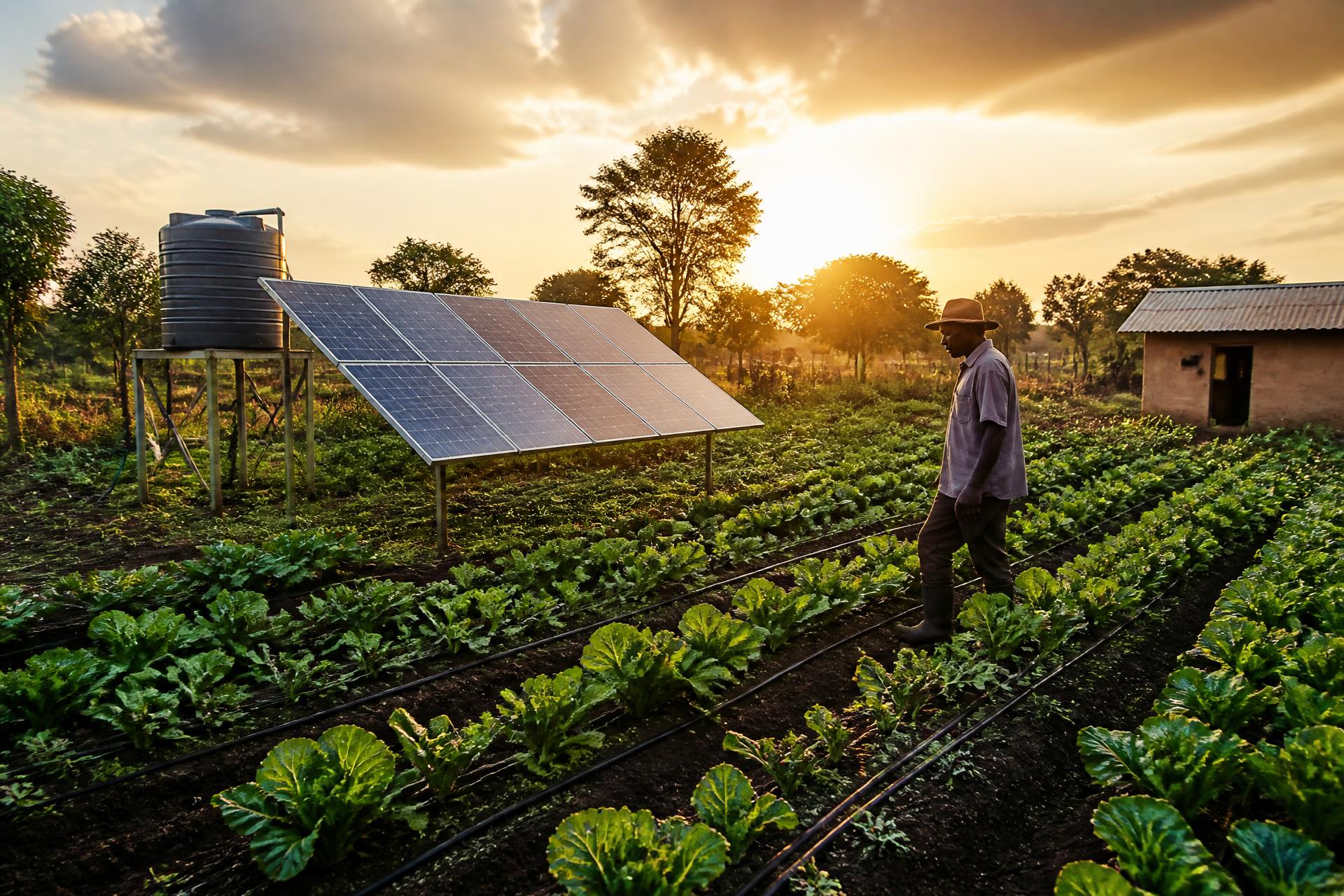 A farmer walking through drip-irrigated crops powered by a solar panel at golden hour