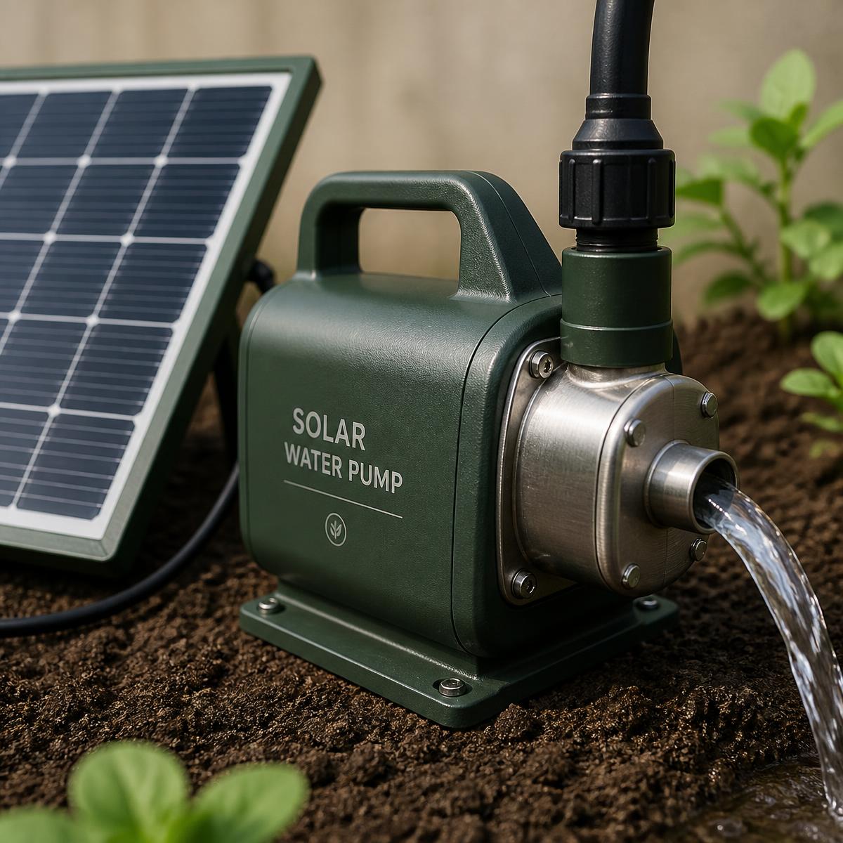 Sunrova solar water pump connected to a solar panel, pumping water into soil